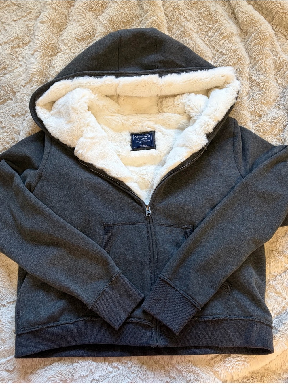 Abercrombie & Fitch Charcoal Gray Zip-Up Hoodie with Cream Sherpa